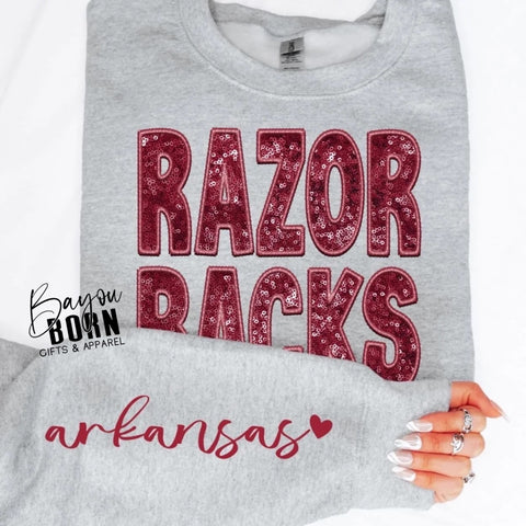 Razorbacks Faux Sequin Faux Embroidery with Sleeve Design