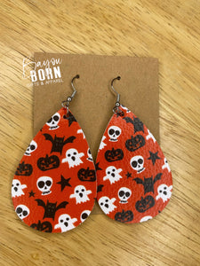 003 Orange Pumpkin Ghost Skull Faux Leather Earrings