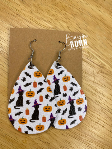 005 White Black Cat Pumpkin Candle Faux Leather Earrings