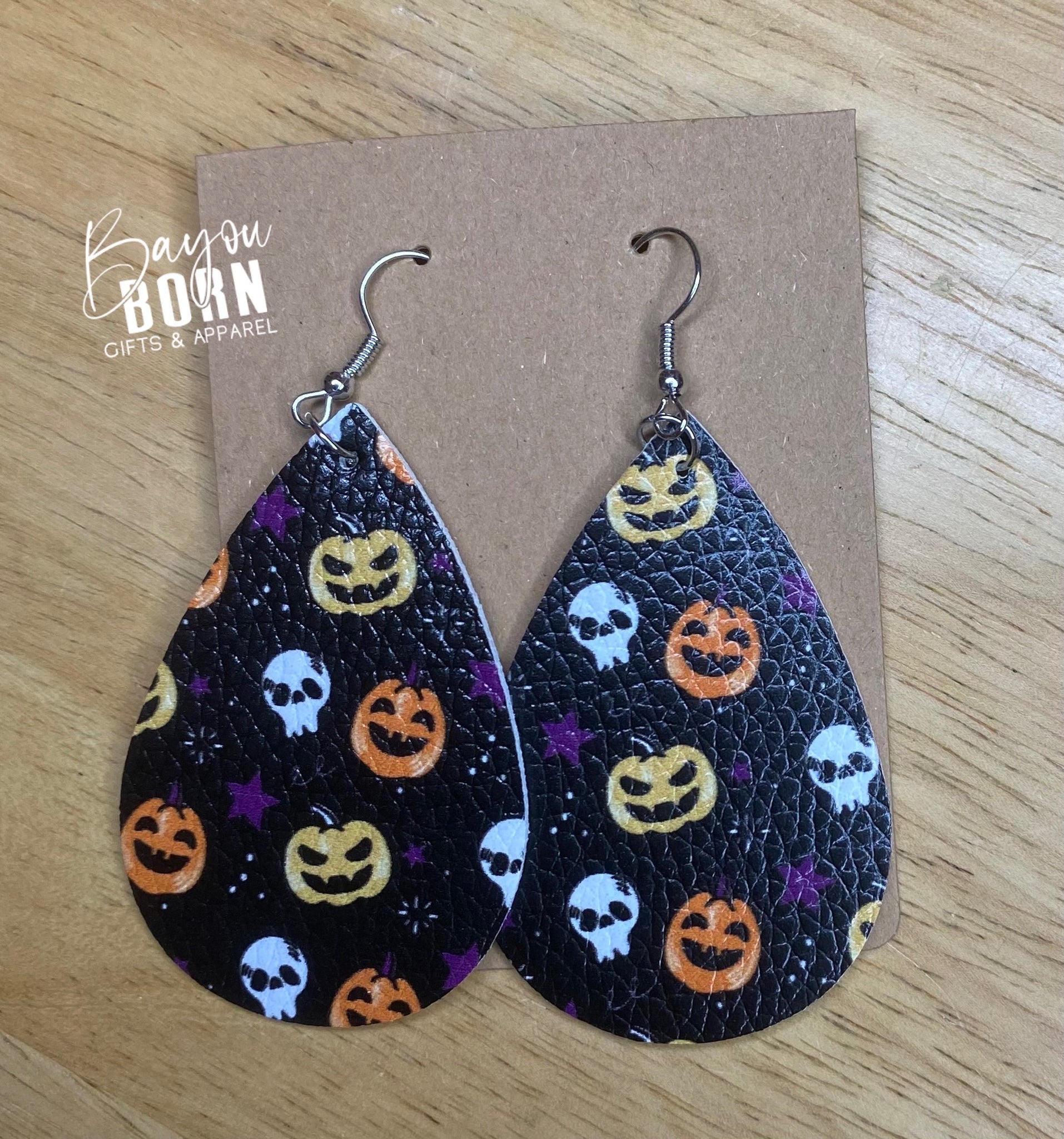 001 Black Pumpkin Skull Faux Leather Earrings